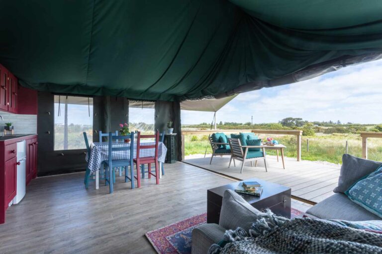 glamping tent inside from woodburner corner out to viewweb